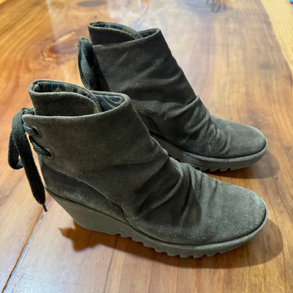 Fly London Women's Boots Suede Leather Yama Bootie 42 US 11-11.5 Zip Tie lace up